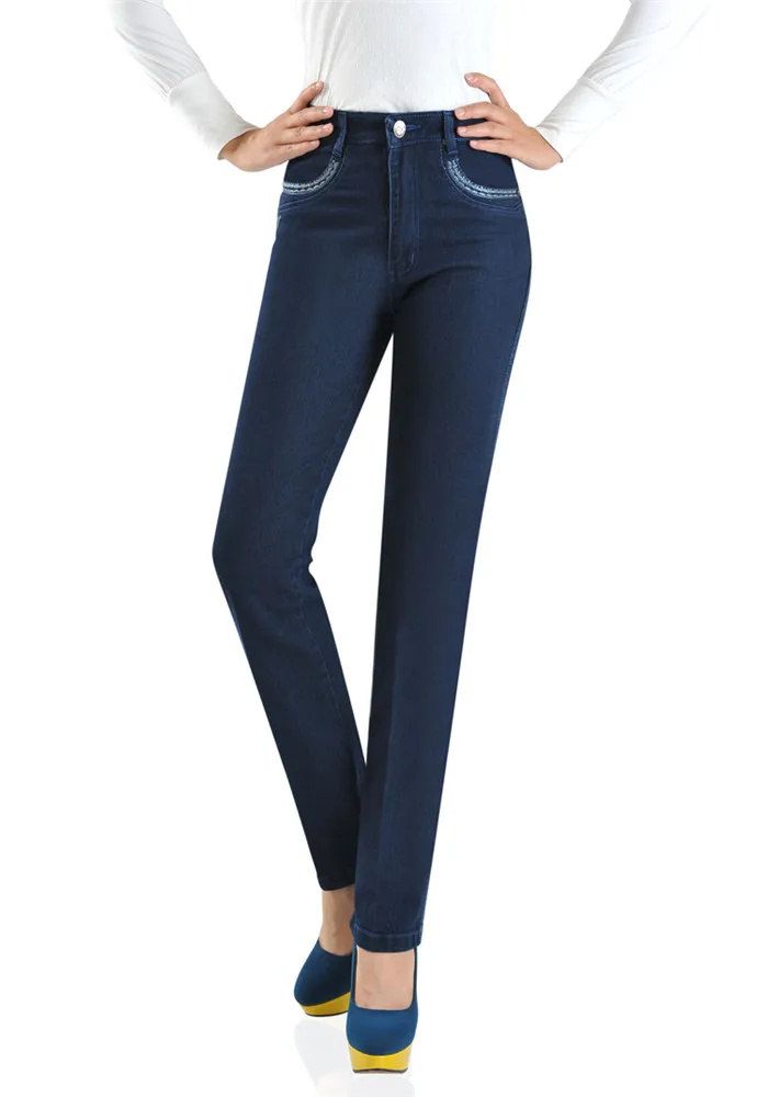 Весенние новые женские брюки среднего возраста с высокой талией прямые джинсовые брюки винтажная вышивка Офисная Леди Плюс Размер Брюки LU816