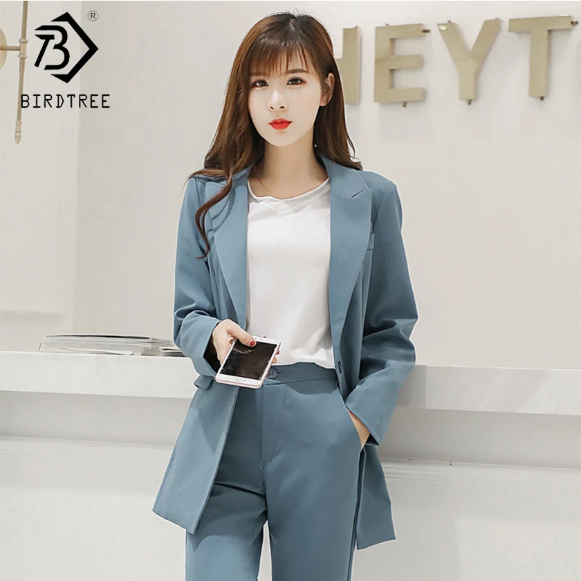New Autumn Winter Women's Pants Suits Blue And Pink Fashion Solid Turn ...
