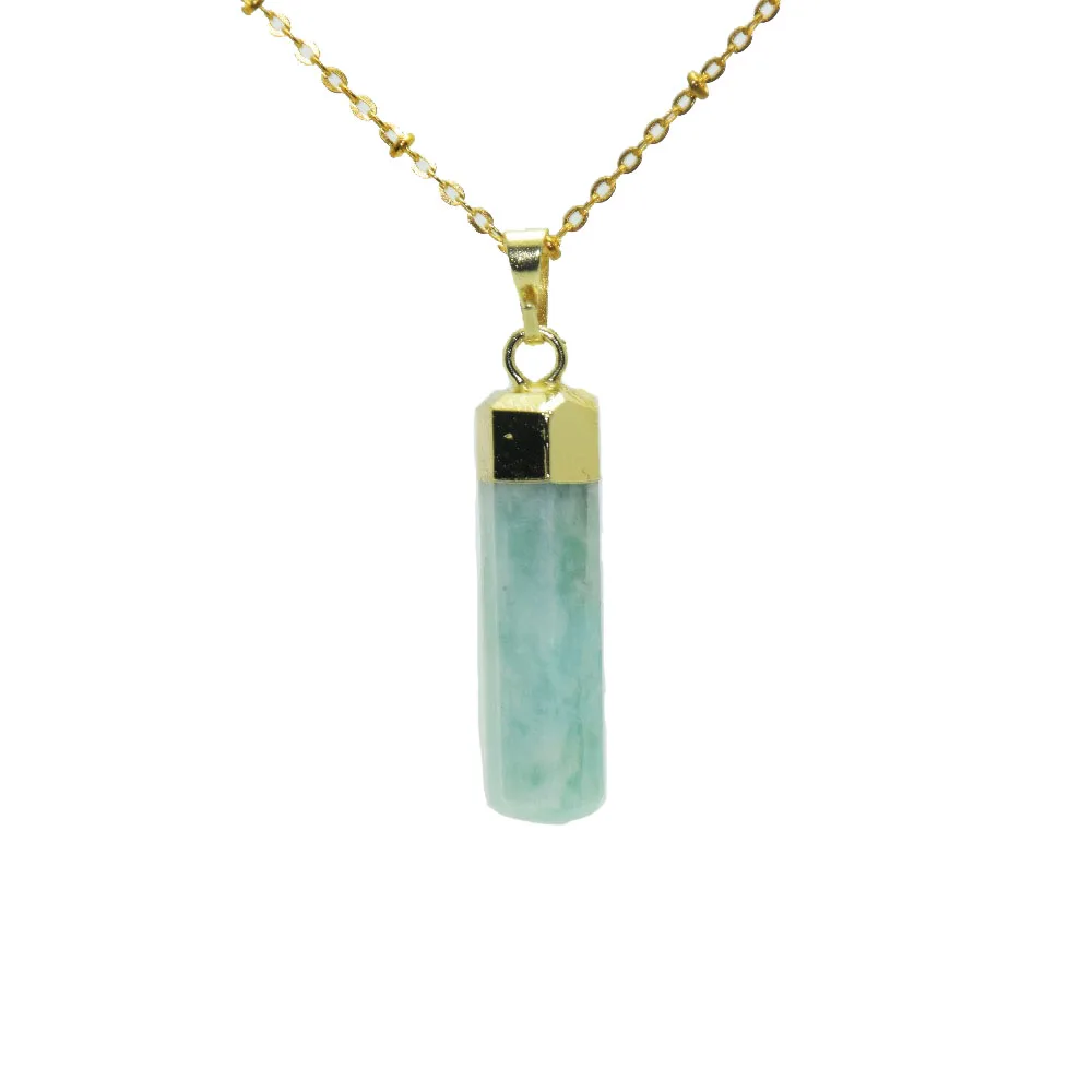 

1pc Light Green natural crystal quartz gem pendant necklace faceted gold cap amazonite stone necklace for women jewelry gift
