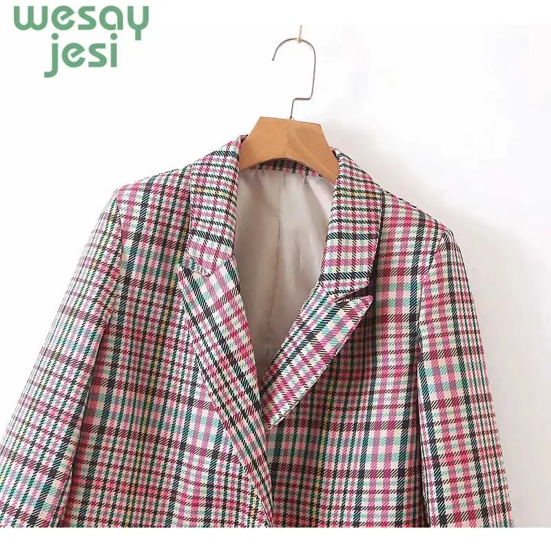 Women Fashion double breasted plaid blazer Female long sleeve office ladies blazer 2019 Autumn jacket women outerwear coats