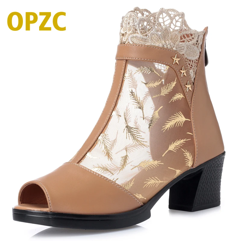 

OPZC 2018 new summer women's boots comfortable ladies lace fish mouth net shoes Open toe fashion women shoes