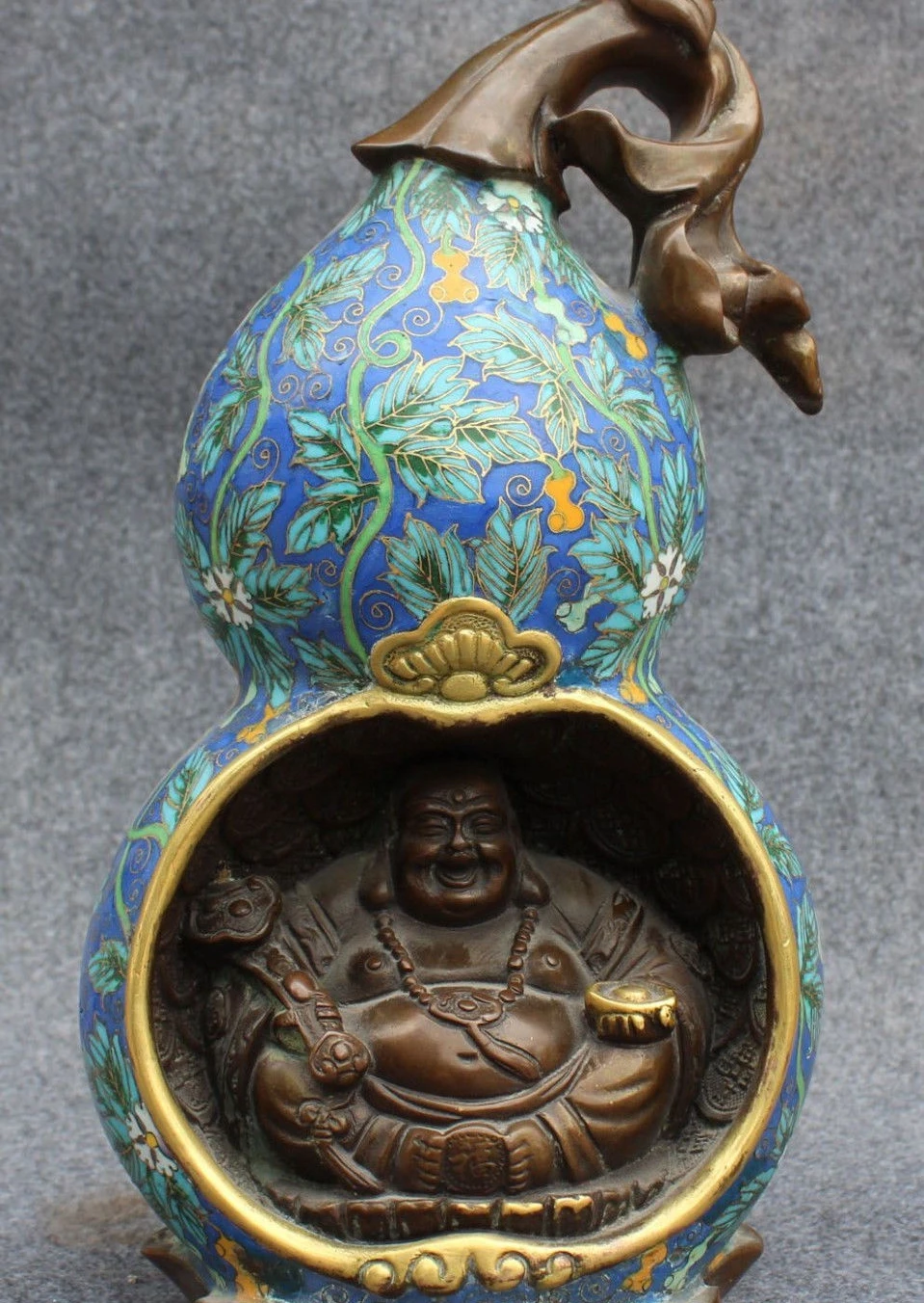 

12" Old Dynasty Cloisonne Enamel Gourd Happy Laugh Maitreya Buddha Ru Yi Statue