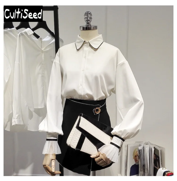 

Spring Autumn Korean White Lantern Sleeve Chiffon Shirts Blouses Clothing Lady Korean Patchwork Gauze Mesh Long Sleeve Shirts