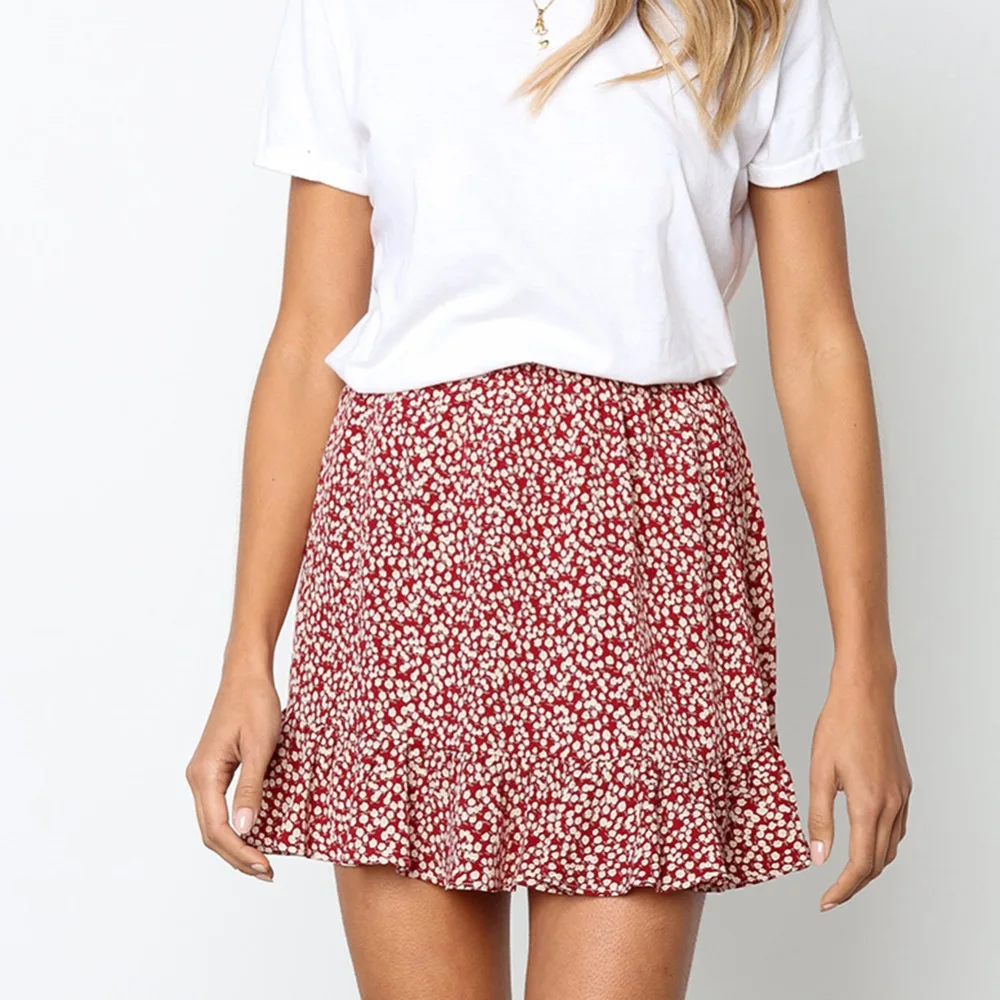 Women Skirt 2019 Summer Casual Print Ruffles Mini Skirts Women Retro High Waist Evening Party Print Skirt Polka Dot Skirts