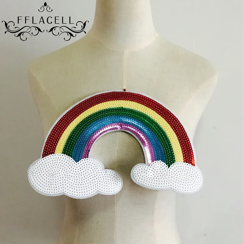 

FFLACELL Embroidered patches for clothing cute big rainbow badge applique sequins patch diy accessories Label patchwork