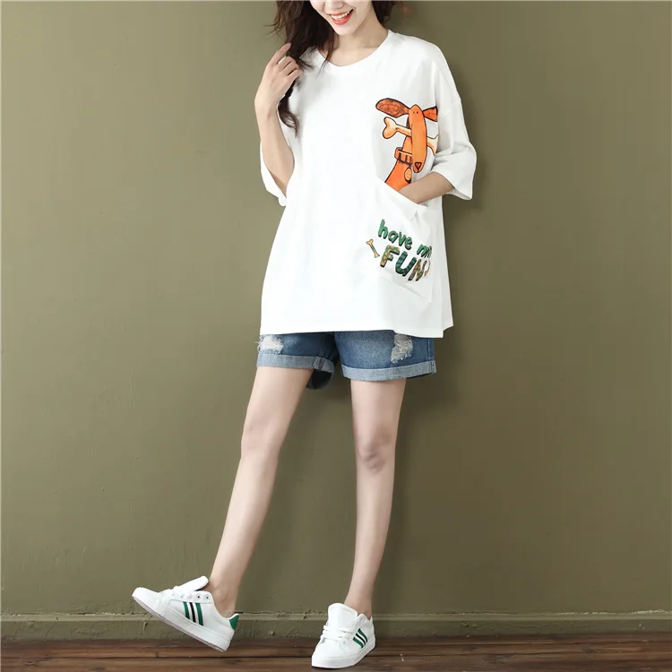 

2019 Summer New Arrival Short Sleeved Women T Shirt Plus Size Loose Korean O Neck Cartoon Print Pocket White And Black Tee Tops