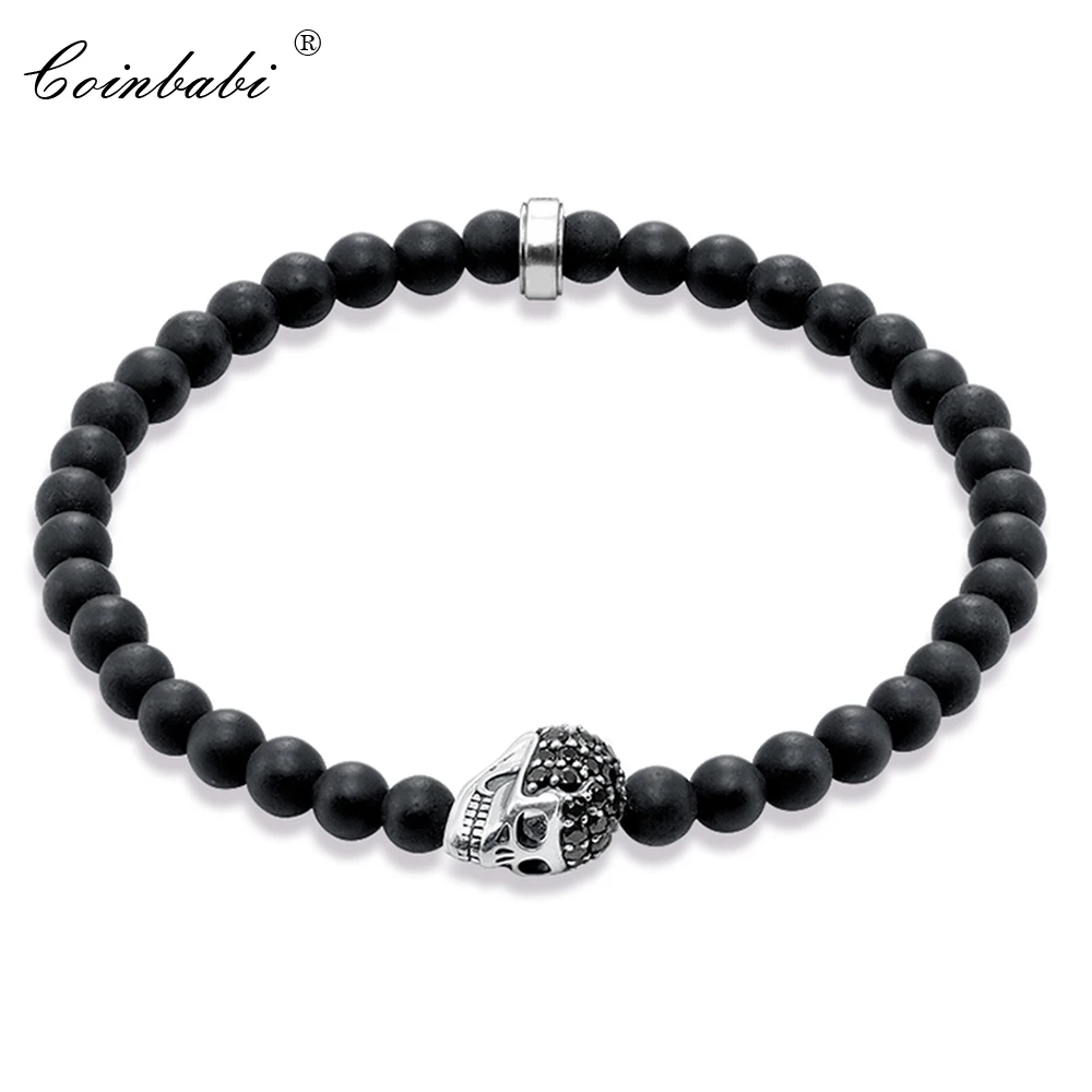 Europe Skull Bead &amp 6mm Beads Matt-black Obsidian Stretch Bracelet Rebel 925 Sterling Silver Jewelry Punk Heart Gift For Men | Украшения