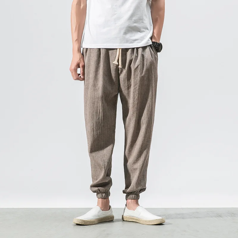 Korean version of linen casual pants men's summer thin section loose breathable Harlan feet pants trend cotton and linen pants