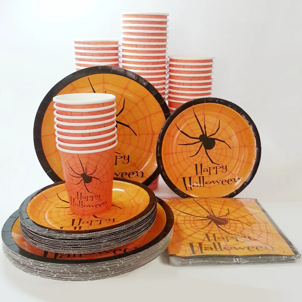 1set halloween disposable tableware sets plates paper cups napkins paperboard party tableware happy halloween favor accessories in disposable party