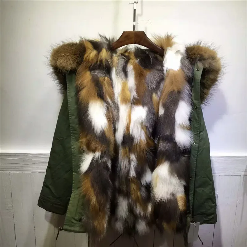 Natural multi colorful fox fur inside jacket MRS Furs parka winter thick warm MR fur coatin