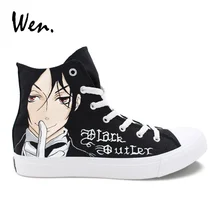 Вэнь Дизайн обувь с рисунком из аниме обувь с подошвой из вулканизированной резины Для Мужчин раскрашенная вручную Black Butler сабастиане Ciel; Цвет Черный; обувь на плоской подошве с Для женщин Косплэй обувь кроссовки на танкетке