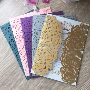 

30pcs/lot New Pink&Dark Purple two folds designed elegant rose pattern Wedding cards laser cut wedding invitations cards