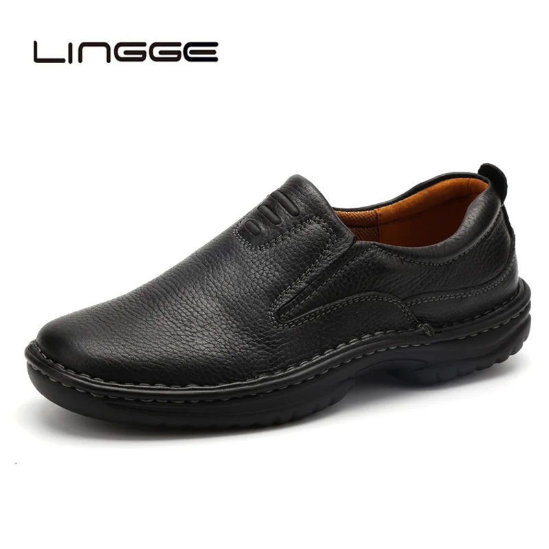 

LINGGE New 2019 Men Casual Shoes Cow Leather Men Flats Loafers Brand Men Leather Shoes Black Men Footwear Size 40-45