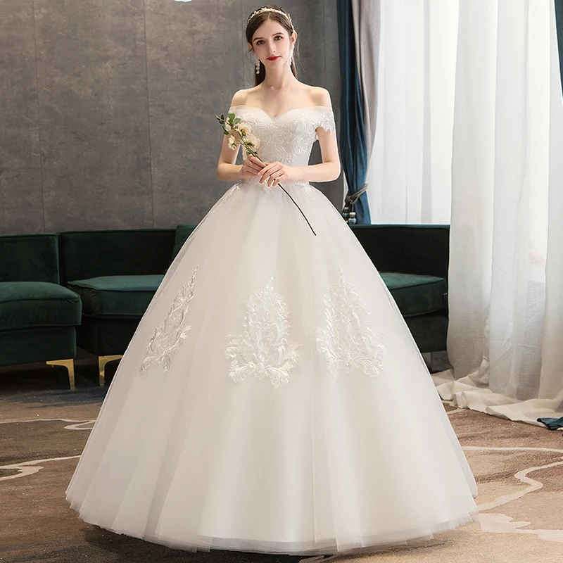 

Do Dower 2019 New Elegant Boat Neck Lace Up Wedding Dress Simple Sexy Off The Shoulder Embroidery Ball Gown Vestido De Noiva L