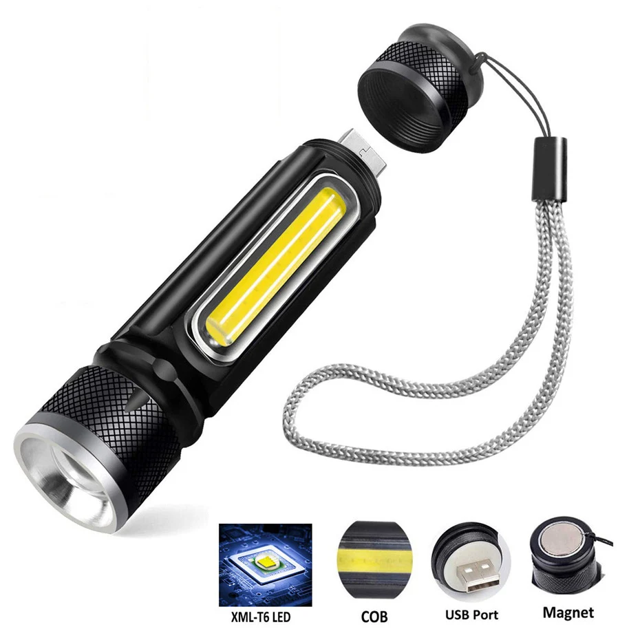 Мини Тактический USB вспышка T6 + COB Linterna яркий регулируемый зум фокус фонарь лампа