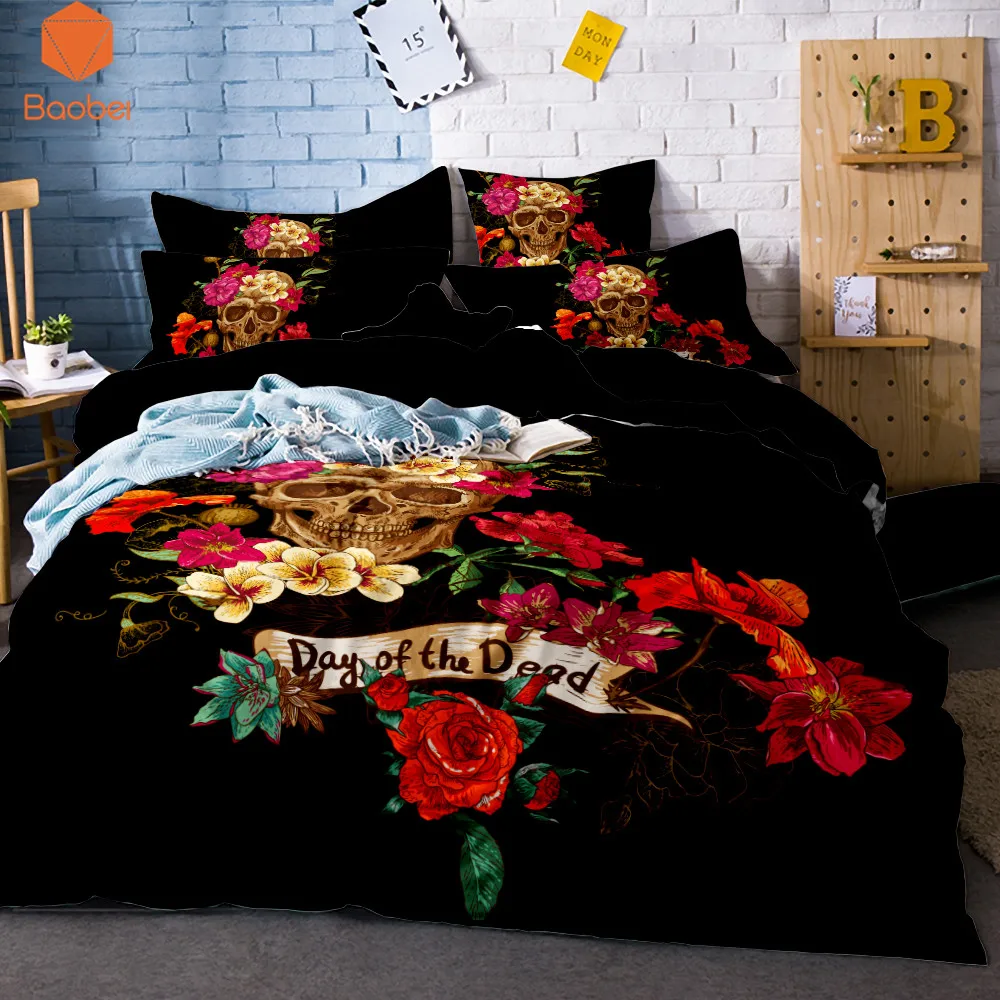 

3D Skull Flowers Black Bedding Set With Pillowcas Cartoon Duvet Cover for Kids 3pcs Colorful Bedclothes Quilt Cover Sj129