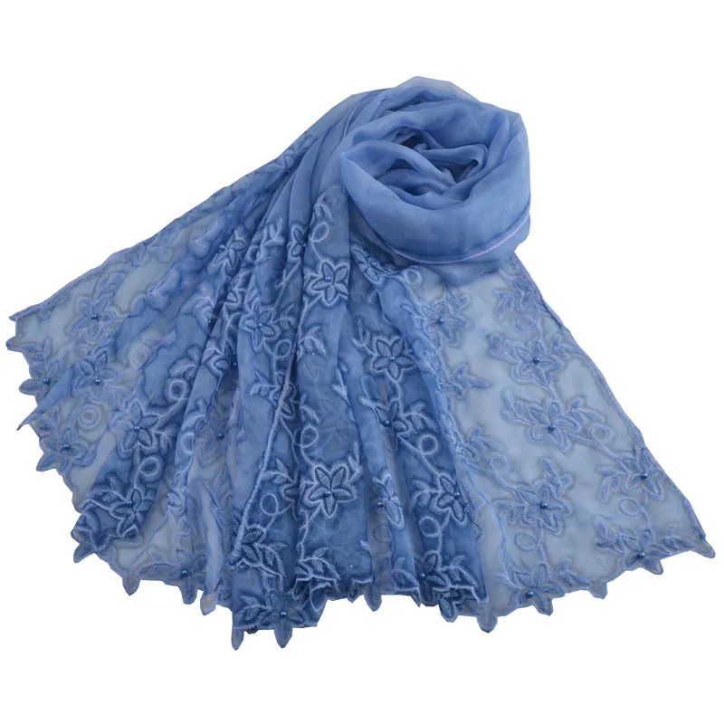 Модные женские, женские шелковые шали, шарф из искусственного шелка, обертывания, простой мусульманский хиджаб, шарф с вышивкой с жемчугом в 16 цветах