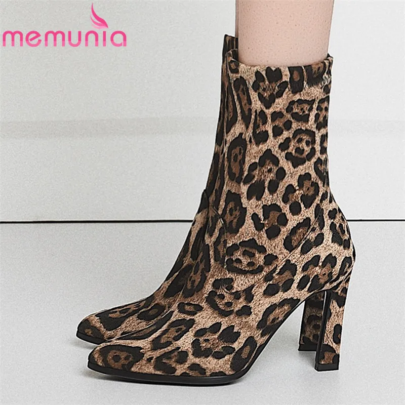 

MEMUNIA New 2019 Stretch Women boots leopard high heels ladies spring autumn boots high quality fashion ankle boots women shoes
