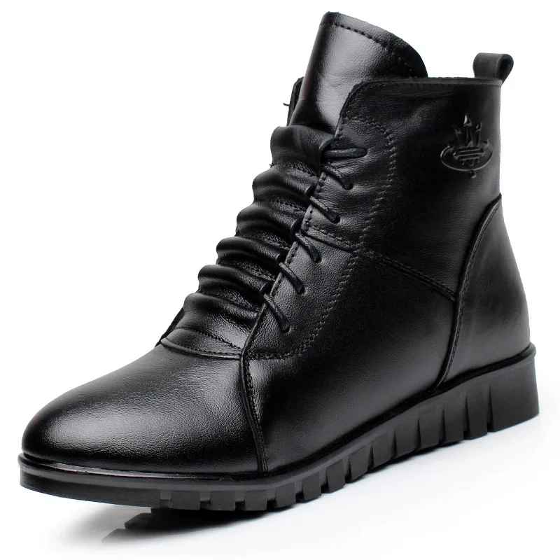 OUKAHUI/зимние ботинки из натуральной кожи; женские теплые флисовые мягкие ботильоны для женщин на плоской подошве; зимняя обувь; ботинки на шнуровке; Новинка - Цвет: Black