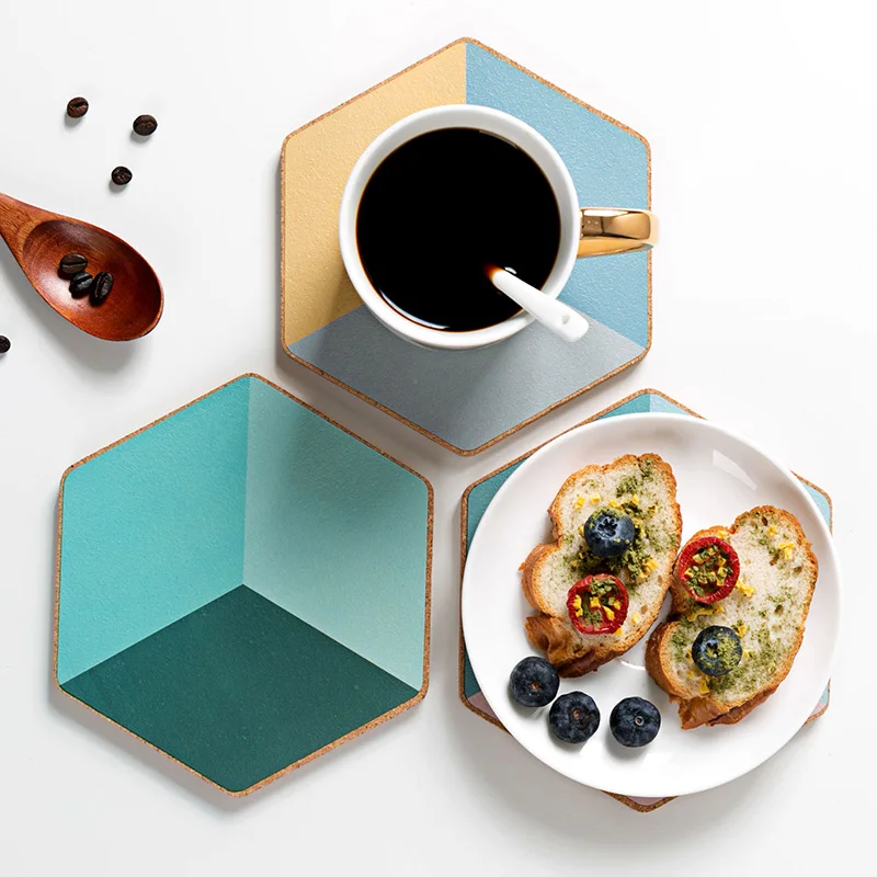 

DUNXDECO Thicken Cork Coaster Heat Insulation Table Placemat Cup Pad Modern Distinct Diamond Block Geometric Wall Background Dec