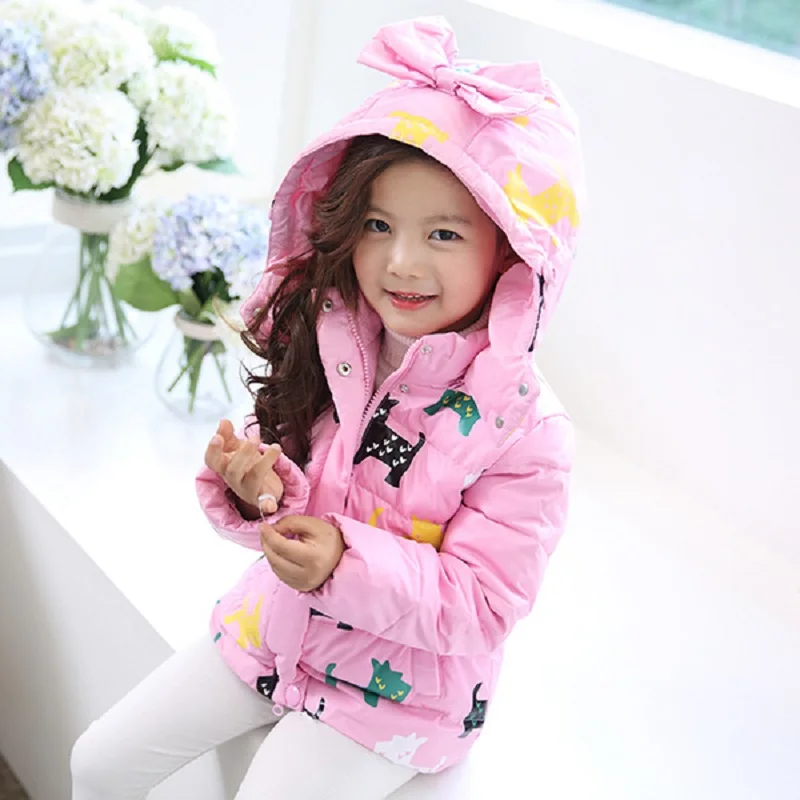 

Kids Girl Winter Outerwear Girl Casual Zipper Cartoon Bow Hooded Cotton-Padded Girl Jacket 3 5 7 9 11 year Children's Clothing