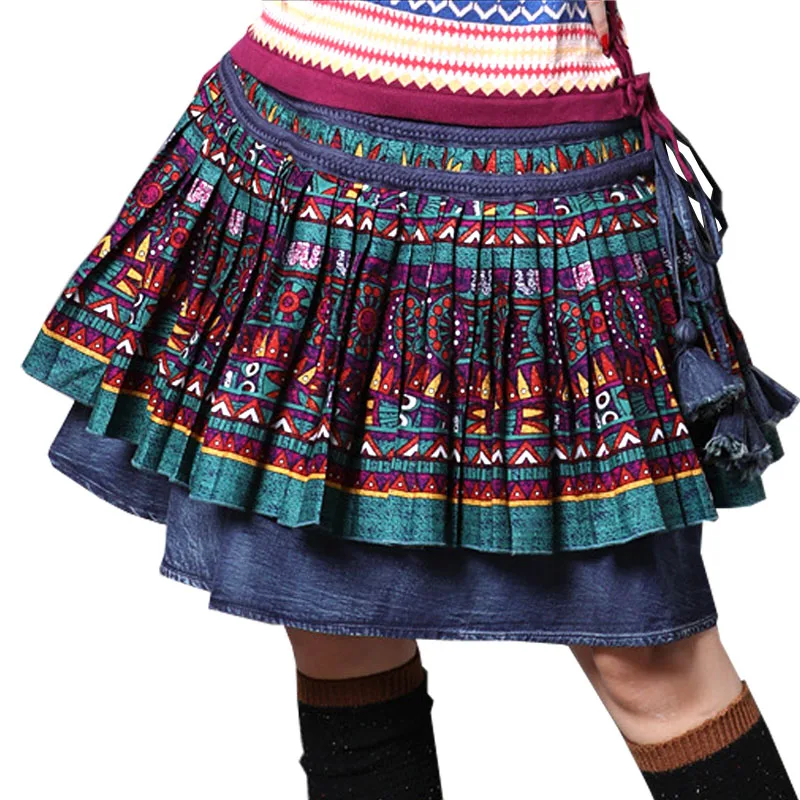 

2018 Autumn National Retro Vintage Print Plissee Female Short Denim pleated Skirt designs / Jeans knee length Skirts Womens