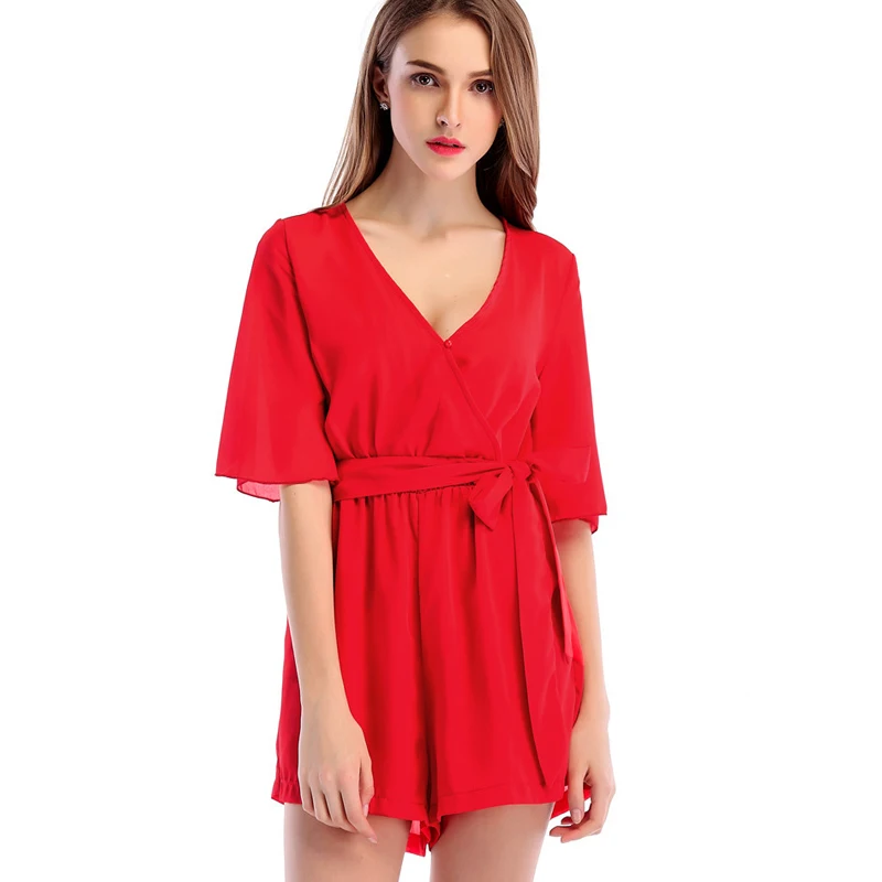

2019 Europe and the United States wish new candy color chiffon casual jumpsuit female bow waist waist shorts