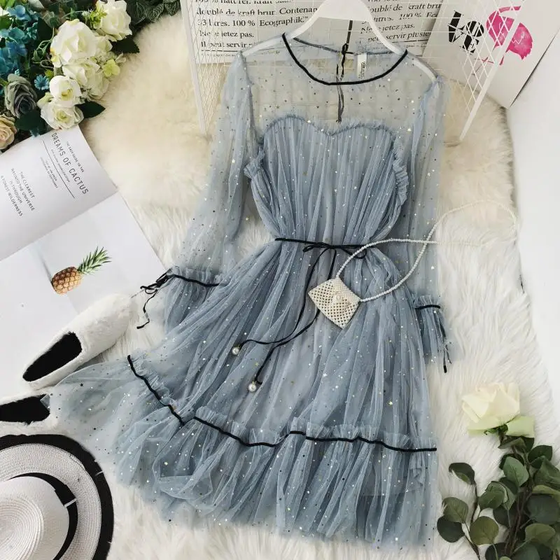 

2019 spring new women Star sequins gauze flare sleeve high waistline Princess dress female elegant o-neck mesh dresses