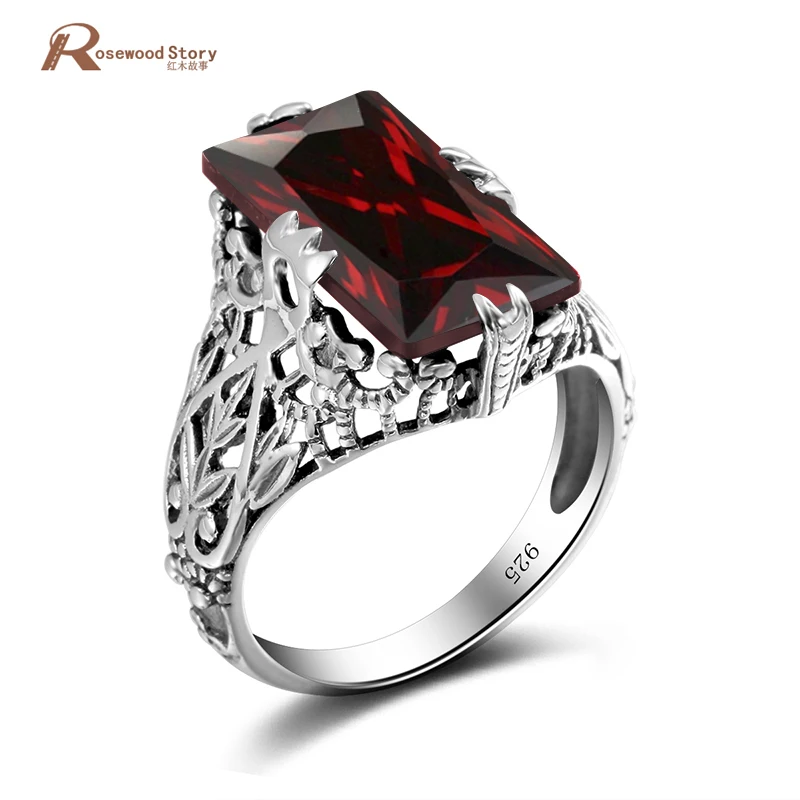 

Fashion Jewelry Real Pure 925 Sterling Silver Jewelry Vintage Thai Garnet Stone Crystal Rings For Women Antique Anel Feminino