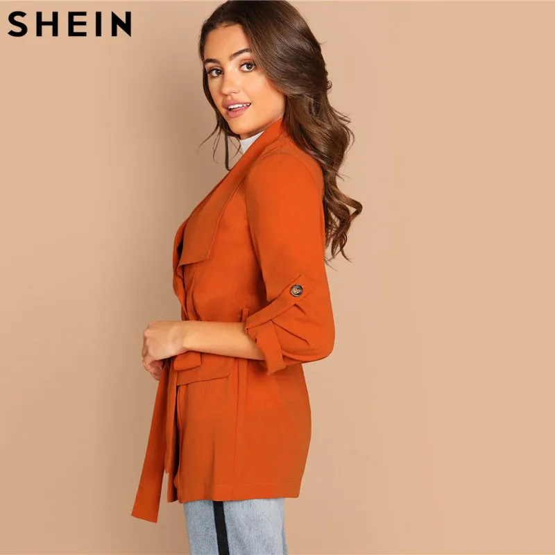 SHEIN Укороченный Плащ С Поясом И Пуговицами, Жакет С Длинным Рукавом, Легкое Двубортное Пальто