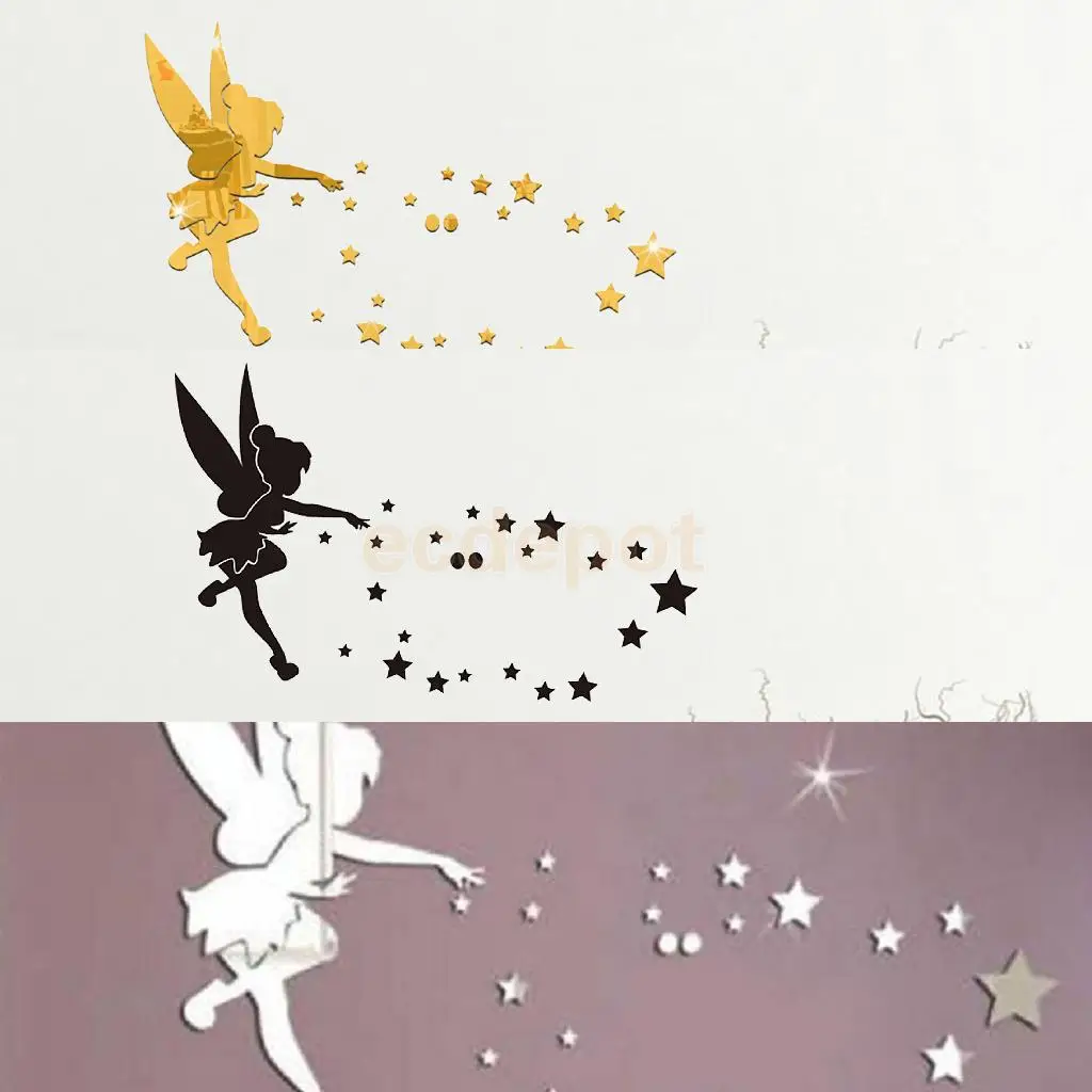 28Pieces 3D Plastic Fairy And Stars Pattern Wall Stickers DIY Decals Wall Mural Art Decor Black/Gold/Silver	
