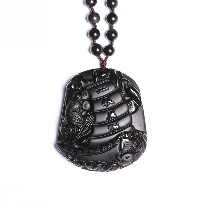 

New Fashion Natural Black Obsidian Smooth Sailing Sailboat Pendant Women Men's Amulet Lucky Jewelry Pendants+Free Beads Necklace