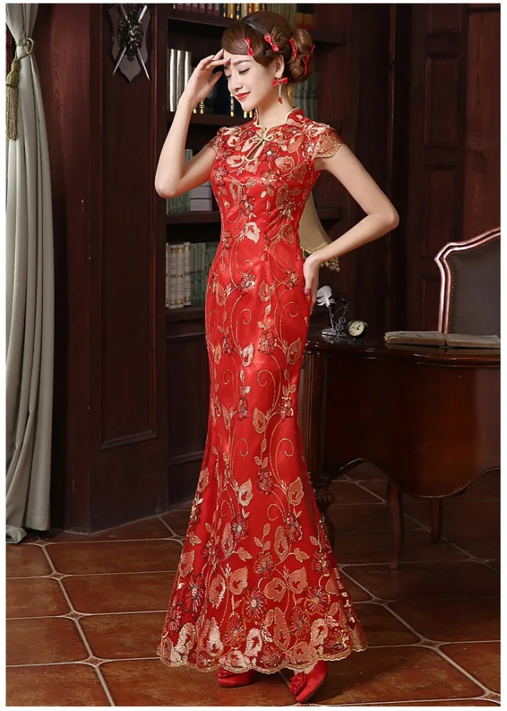 Красное Элегантное свадебное для невесты торжественное Цветочное платье с вышивкой в виде рыбьего хвоста, с блестками, с кружевами русалки, qipao, длинное вечернее платье, cheongsam
