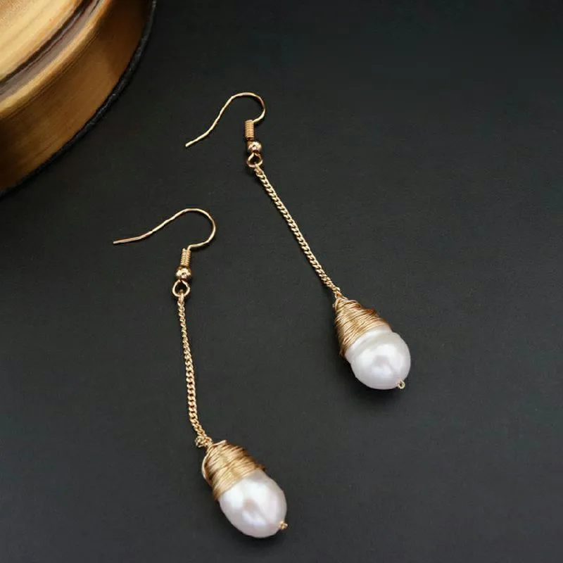 

FENASY Handmade Baroque bohemia style Natural Freshwater pearl earrings for women Anniversary birthday golden long drop earrings