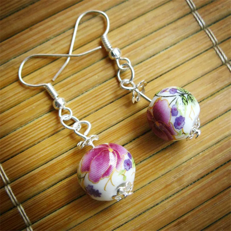 

Fashion Original Vintage Silver Ceramics Beads Earrings Women Ceramic Flowers Bead Drop Earring Wedding Jewelry Gilrs Party Gift