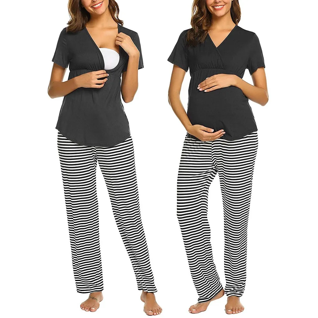 Для ухода за ребенком, футболка с короткими рукавами для детей в возрасте 2 шт./компл. беременных Для женщин Сторона Передняя открытая Пижама для кормящих Пижама для беременных Для женщин