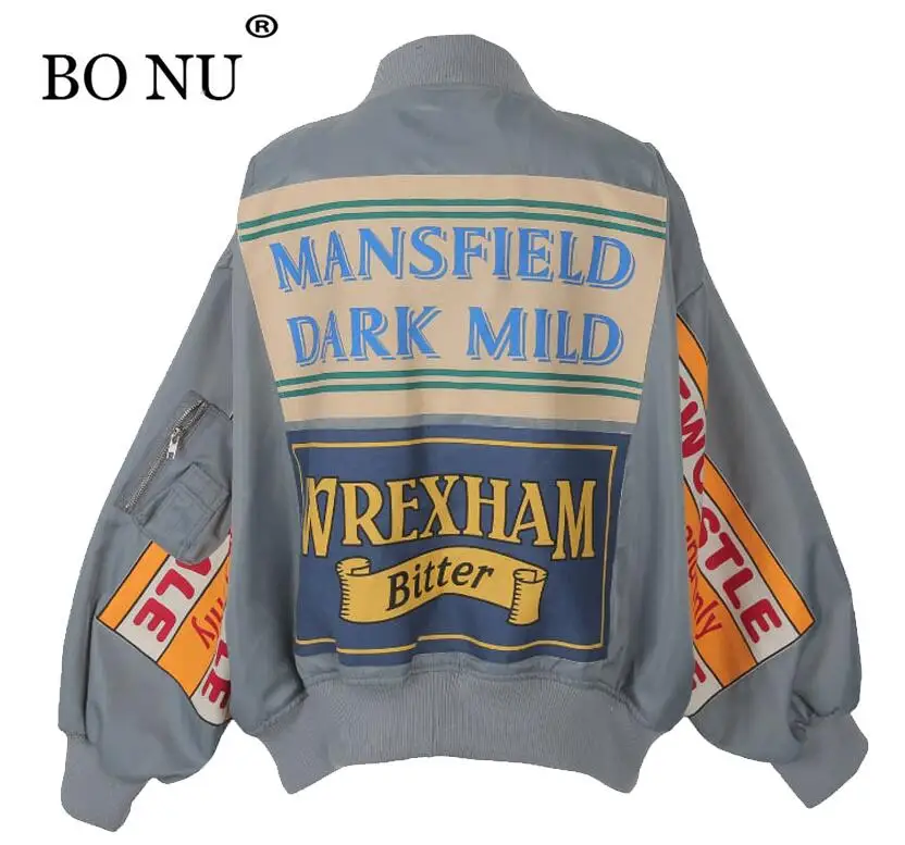 BONU Women College Harajuku Bomber Jacket Plus Size Loosen Print Splicing Feminino Jacket Women Oversize Basic Coat Jacket