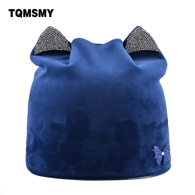 

Rhinestone butterfly hats for women winter beanies soft flannel fabric skullies Ladies Cat bone casual gorros Lovely girls caps