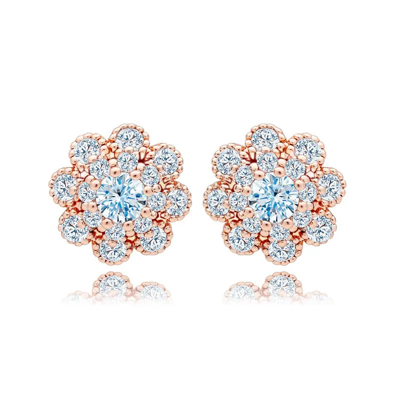 

Small Size OL Daily Wear Girls Sweet Clear CZ Stud Flower Earrings For Woman Rose Gold plated Wedding party Jewelry
