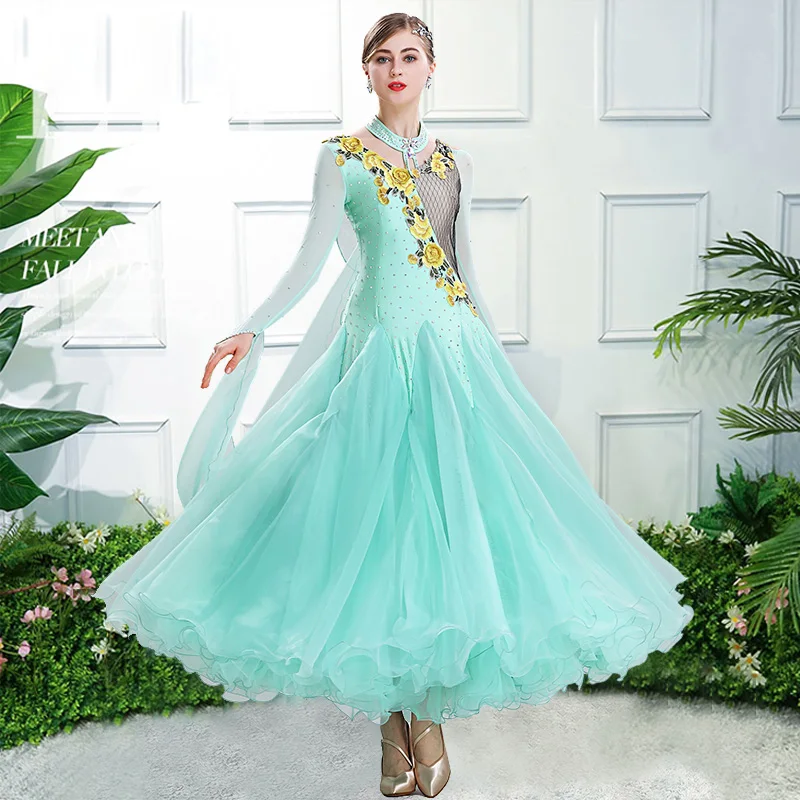 Зеленые новые платья для конкурса бальных танцев вальс танцевальное платье бахрома светящиеся костюмы стандартное бальное платье