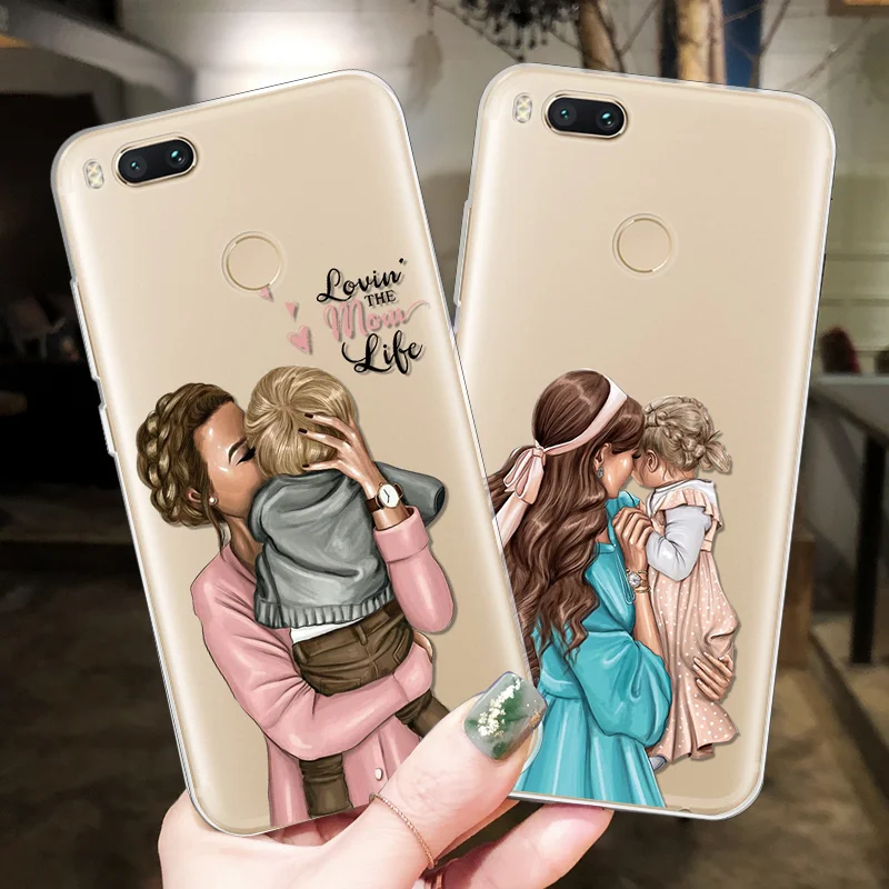 

For Xiaomi Mi 9 SE 8 Lite A2 5 A1 5X 4C 6X 5S Plus Lite 6 SE Mi Mix 3 2 Note 3 Play TPU Soft Black Brown Hair Baby Mom Girl Case