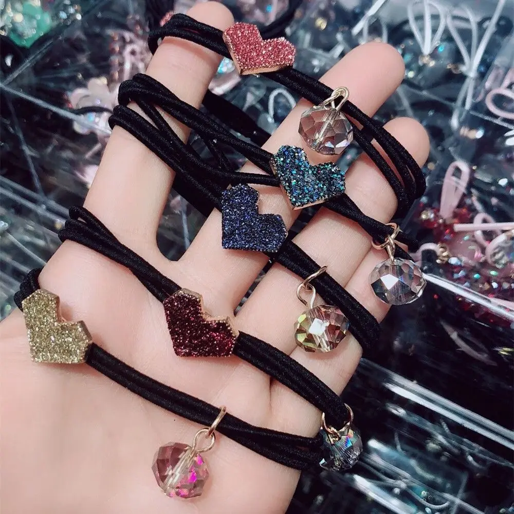 Gootrades Black Hair Ropes Shiny Rhinestones Heart shaped Rubber Bands