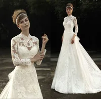 New Princess Applique Lace High Neck A-Line Long Sleeve Wedding Dresses 2015 Bridal Gowns Vestido de Noiva With Detachable Train
