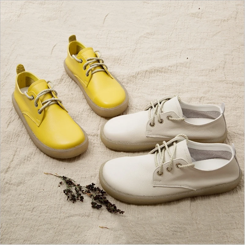 

Women Genuine Leather Shoes Soft Oxfords Flats Casual Lace Up Round Toe Solid White Yellow New 2019
