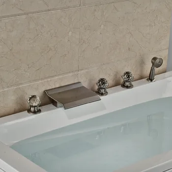 

Bathroom Tub Faucet 5pcs Three Handles Deck Mounted Brushed Nickel Shower Set