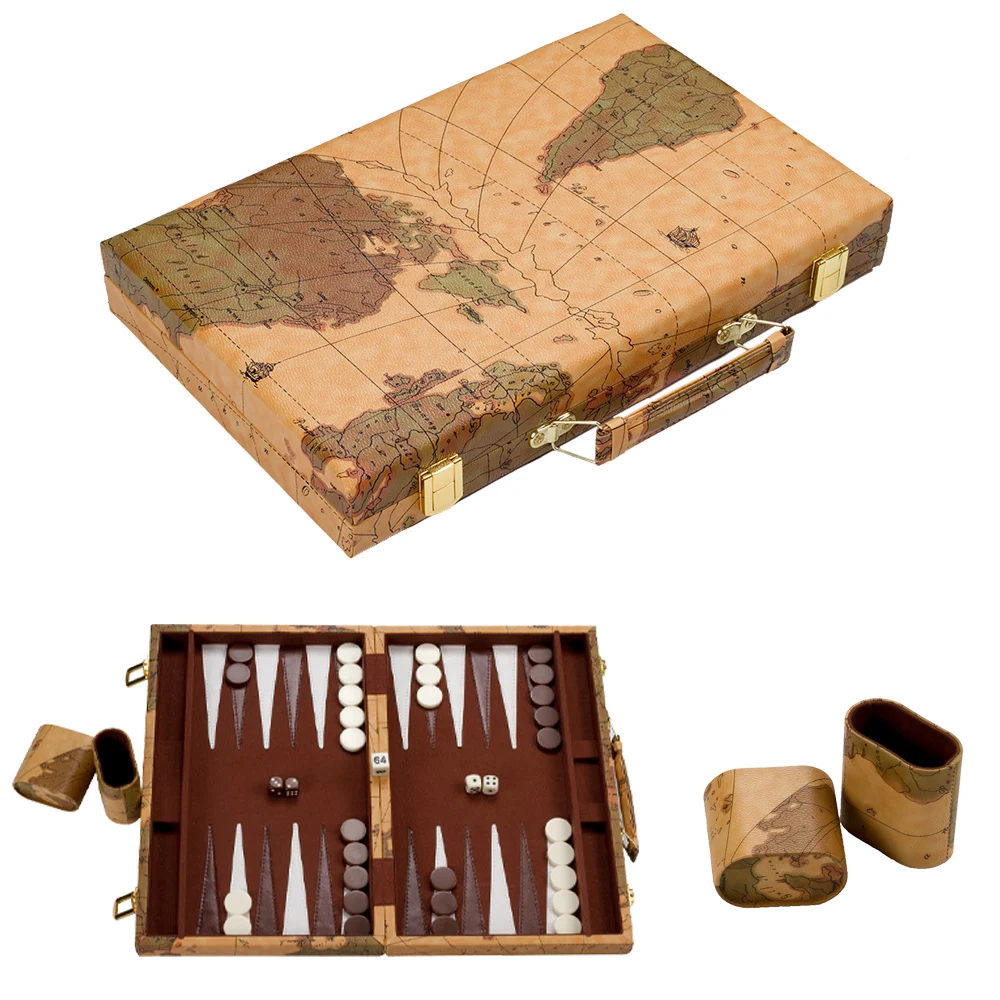

15 inch large Black PU Backgammon Set Traveling Toys large Luxury Folding Portable Delicate Texture Box Fashion World Map Design