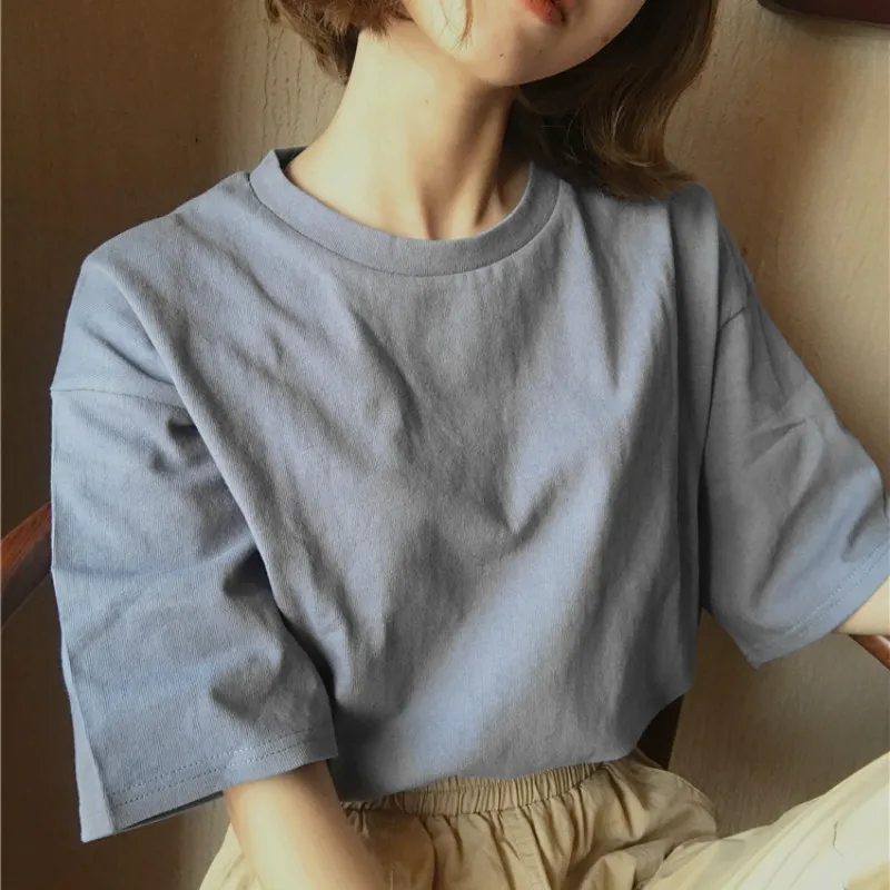 

2018 Summer tops Korean women's clothing loose o neck t-shirt pullovers hemp cotton short-sleeve t-shirts solid color shirt tops