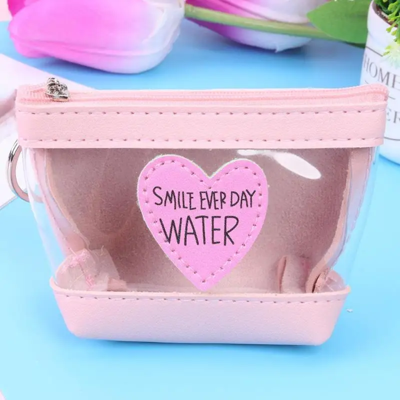 

PU Leather Short Zipper Clutch Women Daily Money Coin Purse Bag Transparent Love Heart Decor PVC Jelly Wallet Digital Line Bags