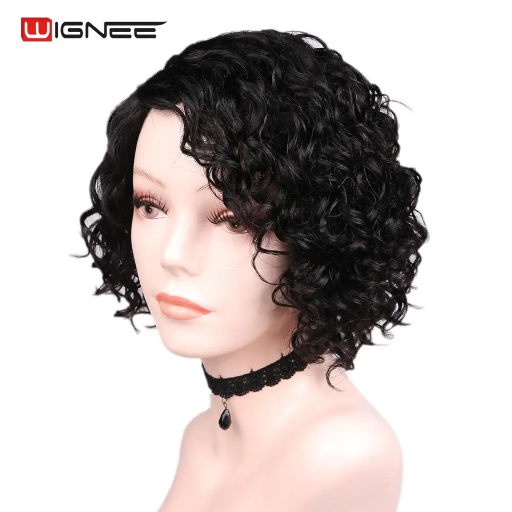Wignee Short Human Hair Wigs For Black Women Jerry Curl Peruvian Remy Hair Wigs 3 Colors 1B#/30#/99J Natural Glueless Curly Wigs