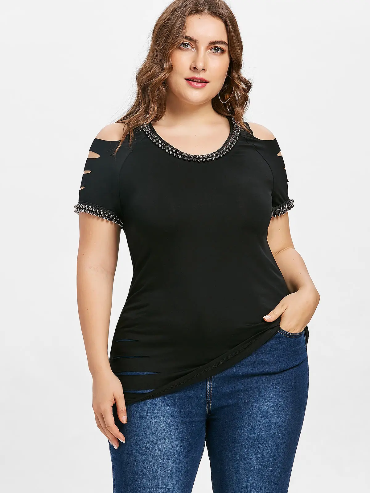 2018 Plus Size Cold Shoulder Beading Ripped T Shirt Black Women Tops
